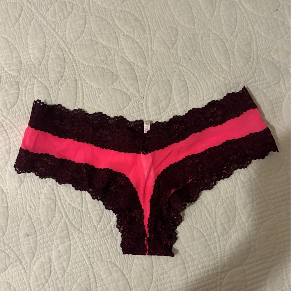 PINK Victoria's Secret Hot Pink and Dark Lace Panty